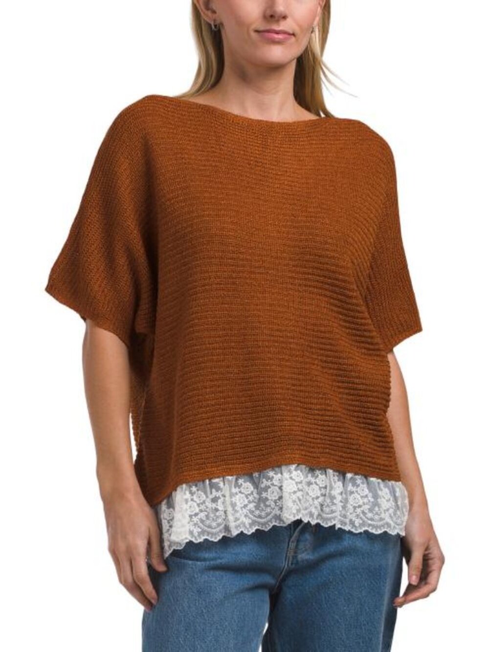 BB DAKOTA Elbow Sleeve Dolman Sweater With Lace Hem